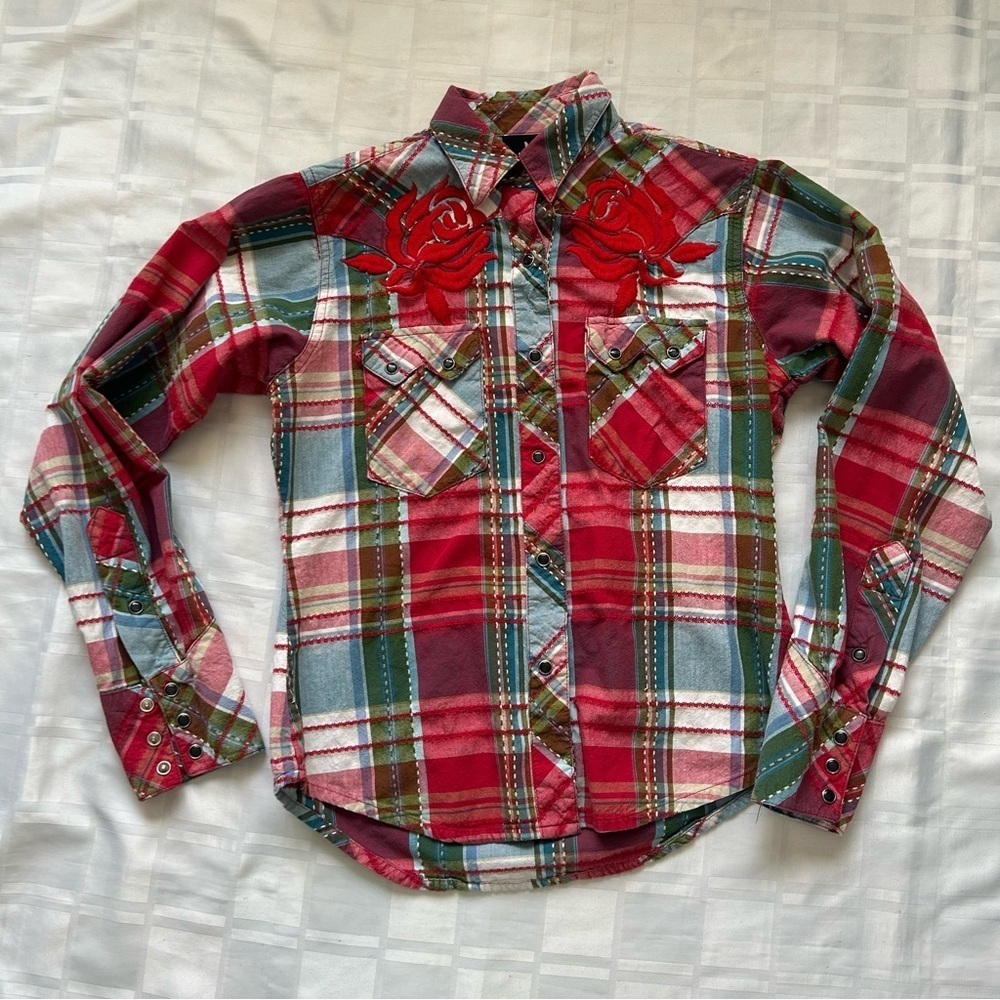 Western Denim Bank Plaid Studded Button Up Long Sleeve Top
